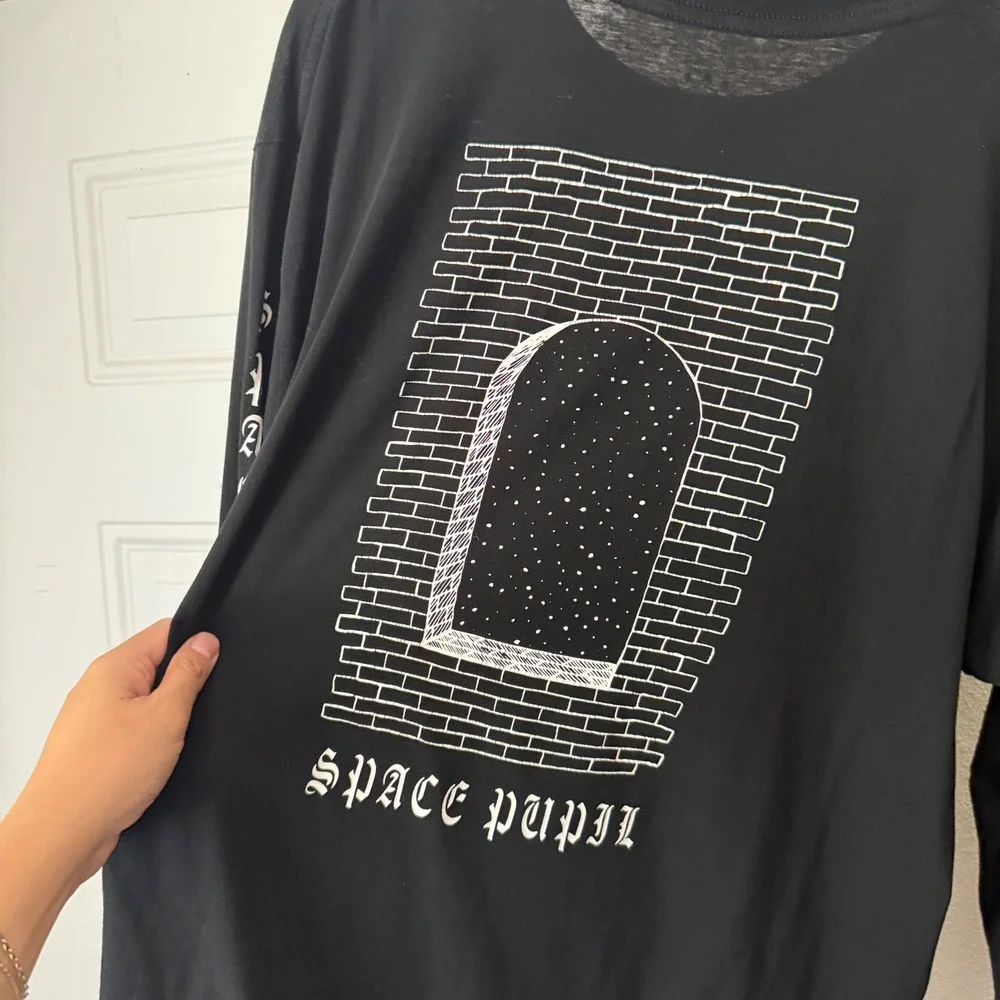 SPACE PUPIL black cotton graphic crew neck long sleeve tee t-shirt